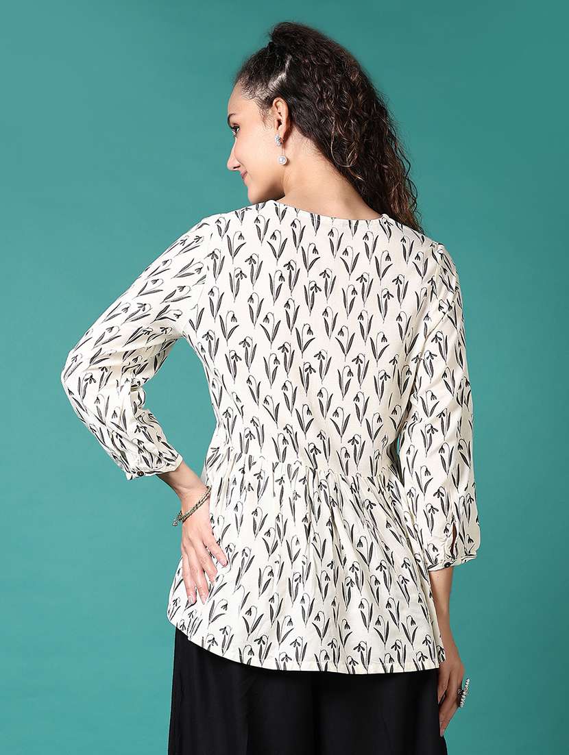 women off white printed v neck flared kurti - 21698909 -  Standard Image - 3