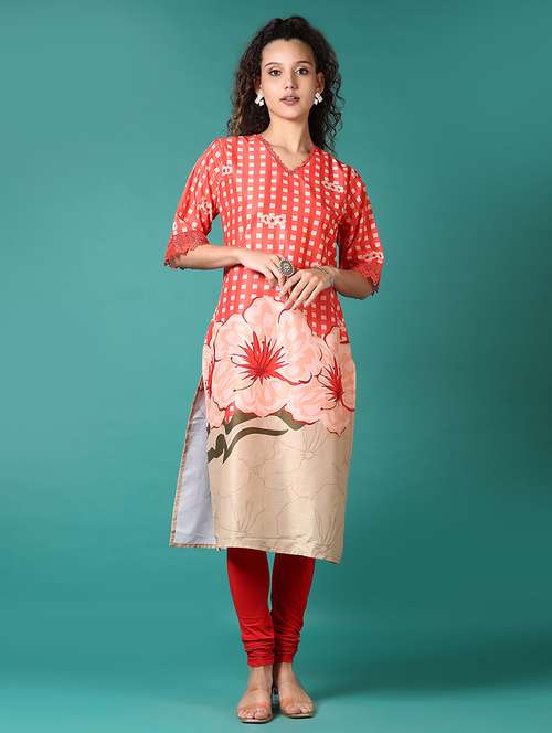 women printed three quarter sleeve straight kurta