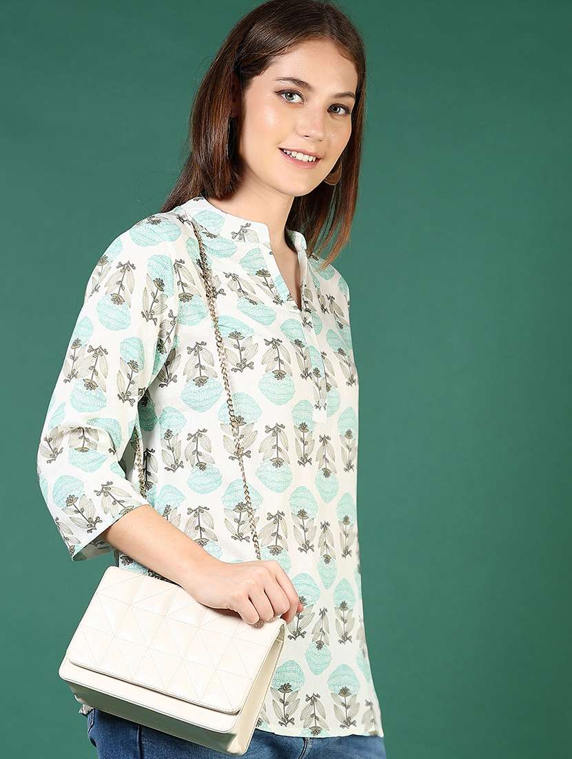 women printed mandarin neck short kurti