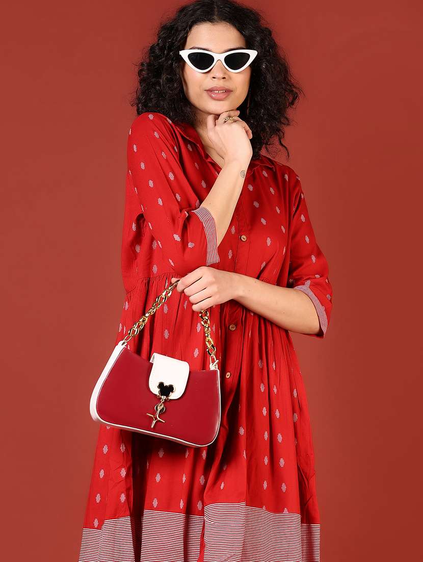 women red printed collared flared ethnic dress