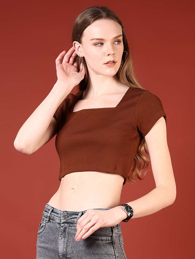 women solid square neck slim fit crop top - 21699986 -  Standard Image - 5