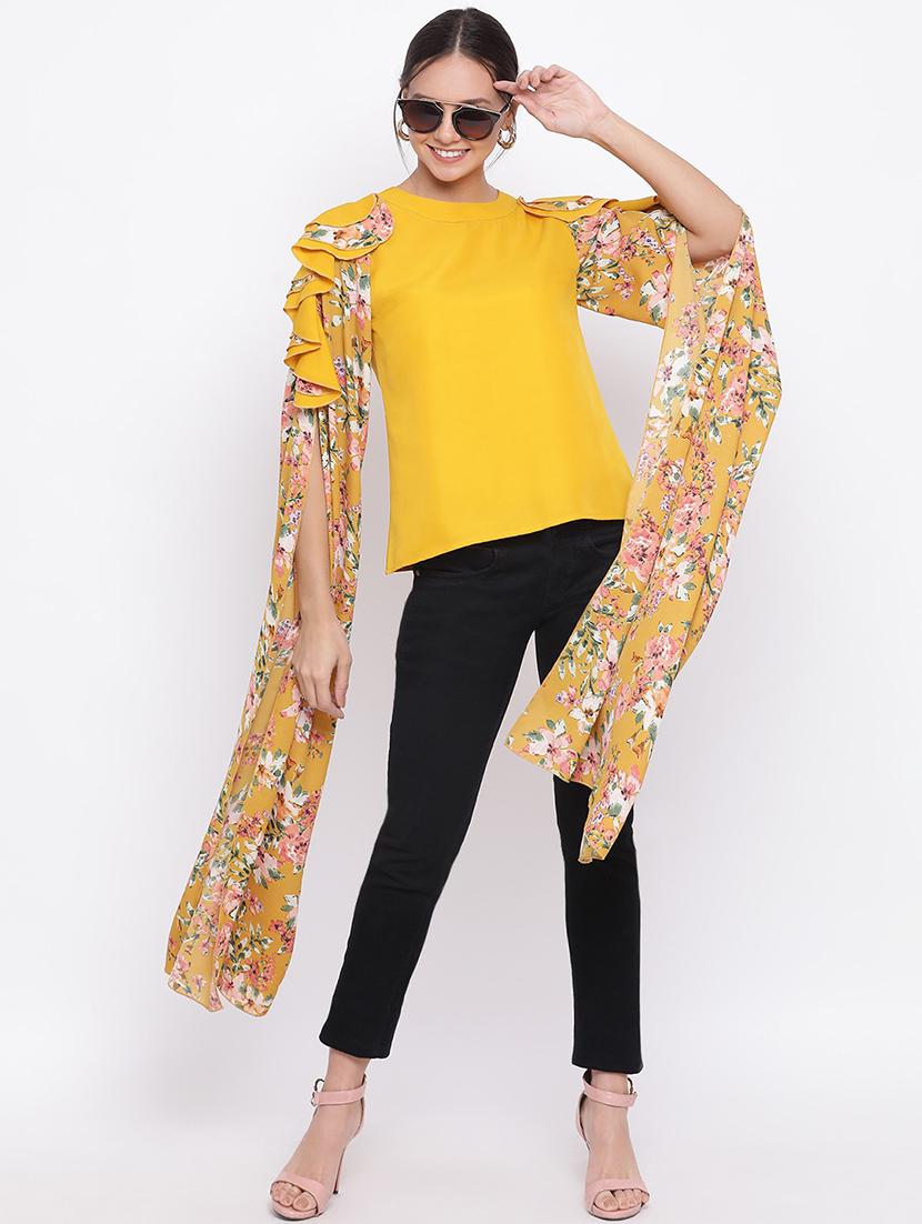 women yellow floral slit sleeve top - 21700088 - Standard Image - 3