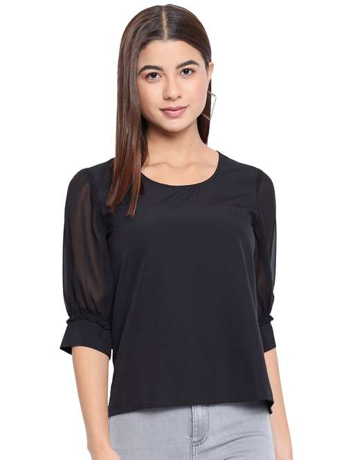 women black solid round neck top