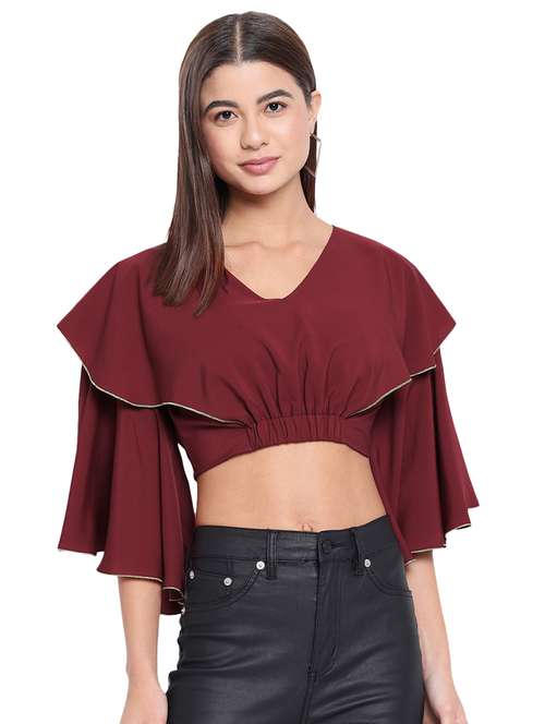 women maroon solid v neck crop top - 21700104 -  Standard Image - 0