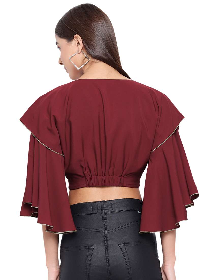 women maroon solid v neck crop top - 21700104 -  Standard Image - 3