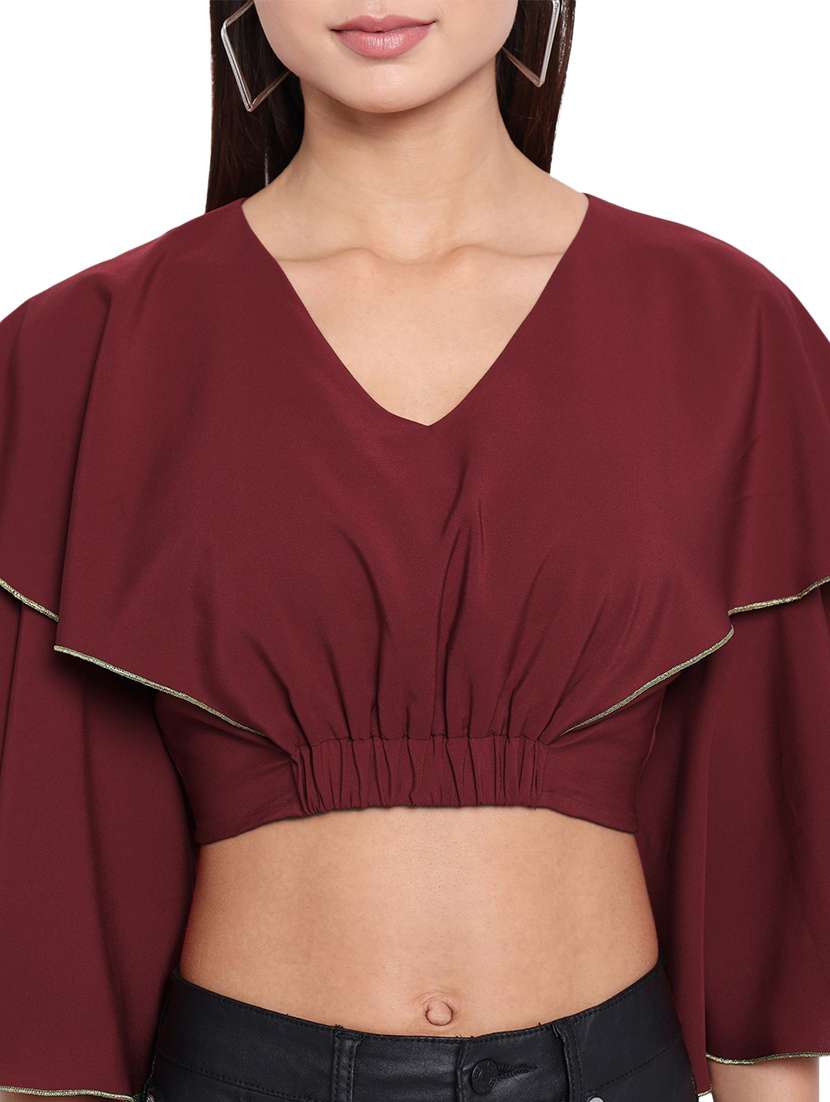 women maroon solid v neck crop top - 21700104 -  Standard Image - 5