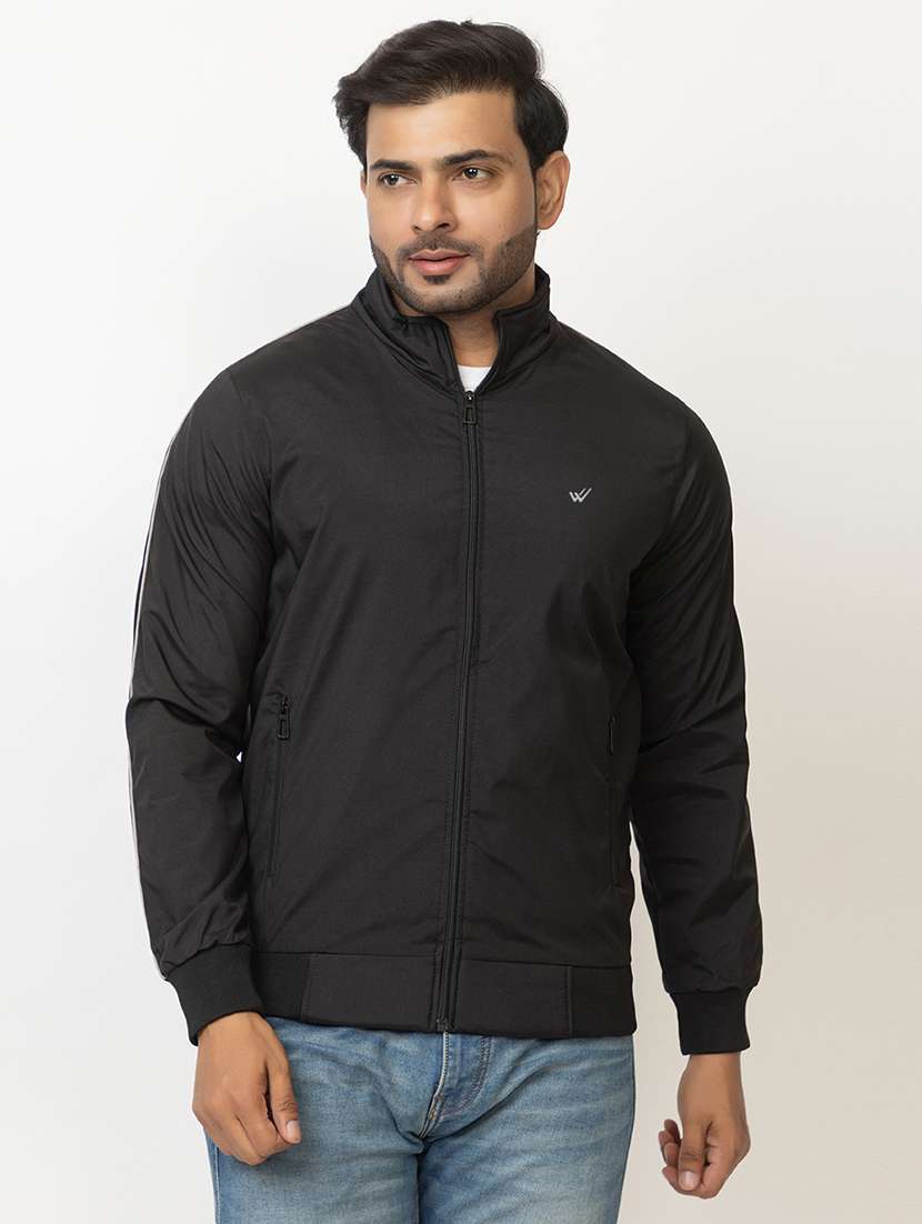 men solid black polyester casual jacket
