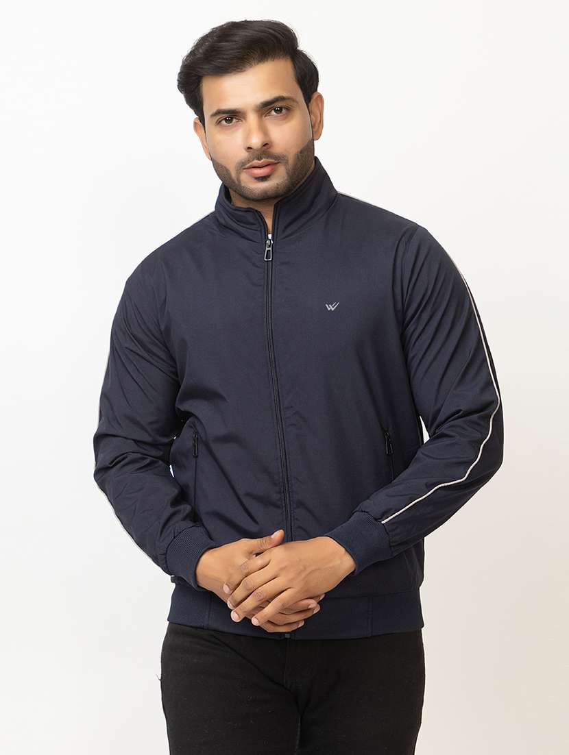 men navy blue polyester casual jacket