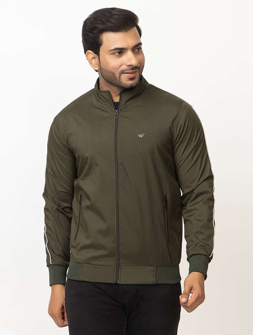 men olive green polyester casual jacket