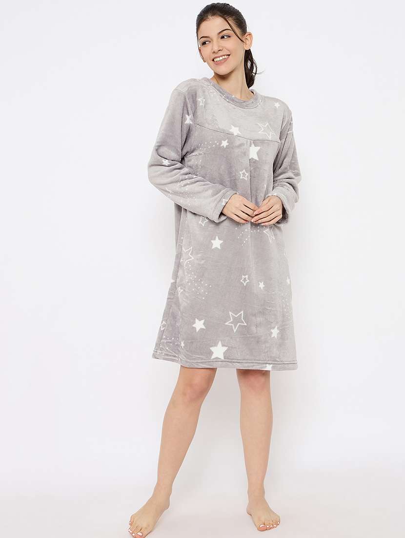 women printed long sleeve nightwear dress