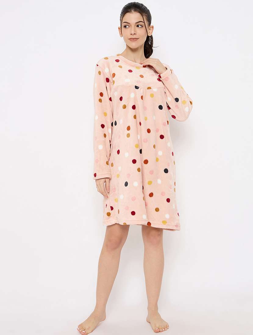 women poka dots printed long sleeve nightwear dress
