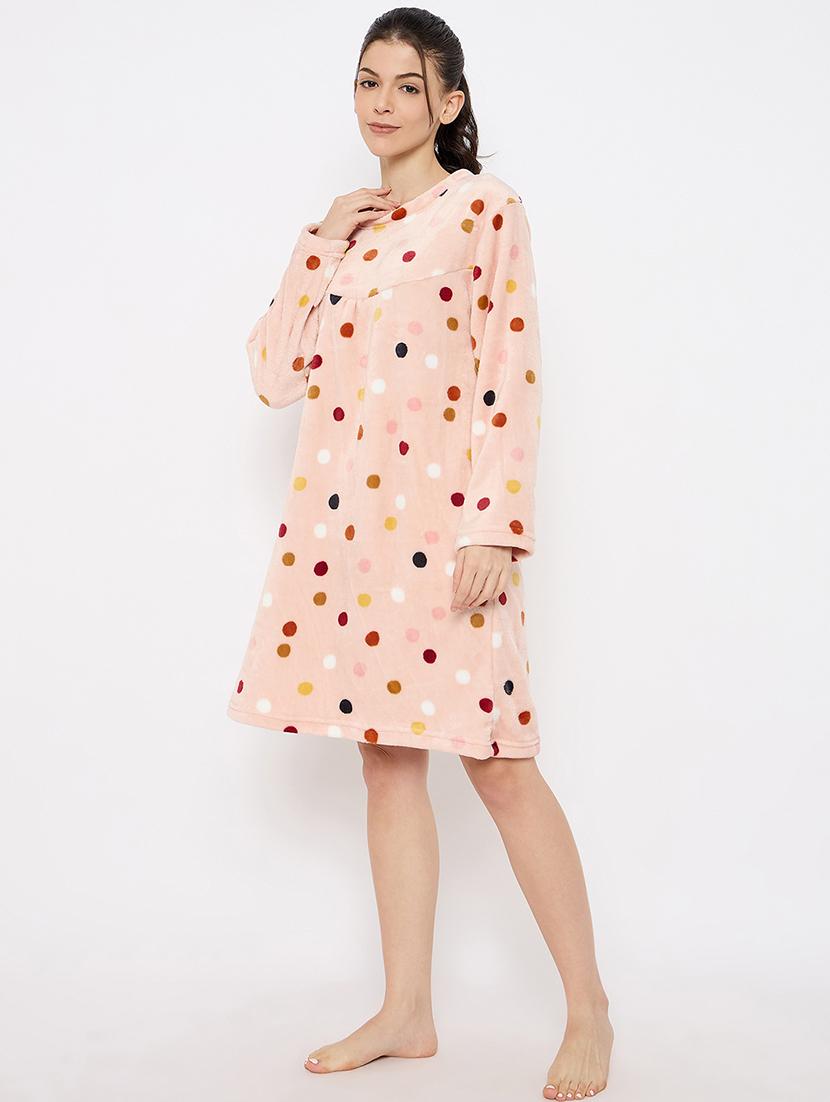 women poka dots printed long sleeve nightwear dress - 21700123 - Standard Image - 3