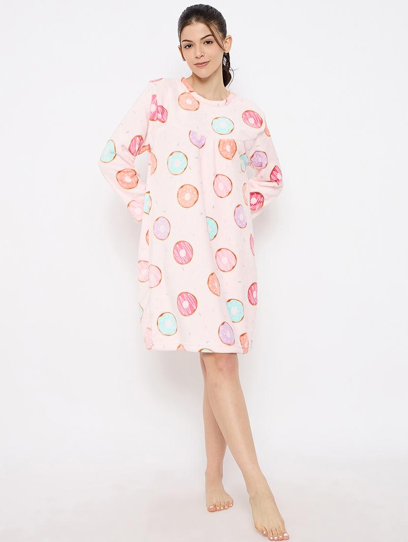 women printed long sleeve nightwear dress