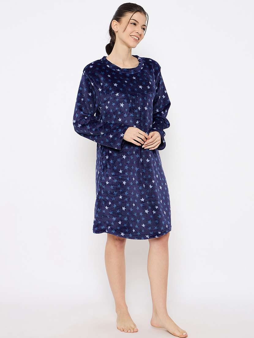 women printed long sleeve nightwear dress