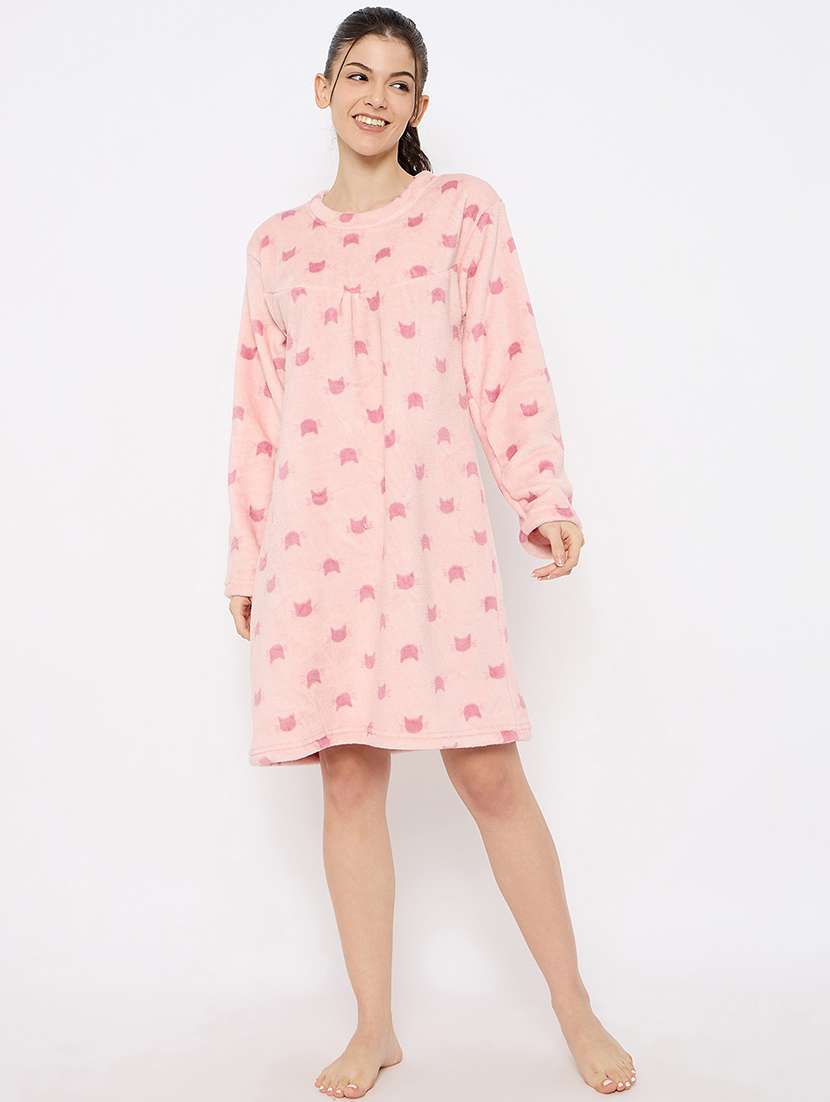 women printed long sleeve nightwear dress