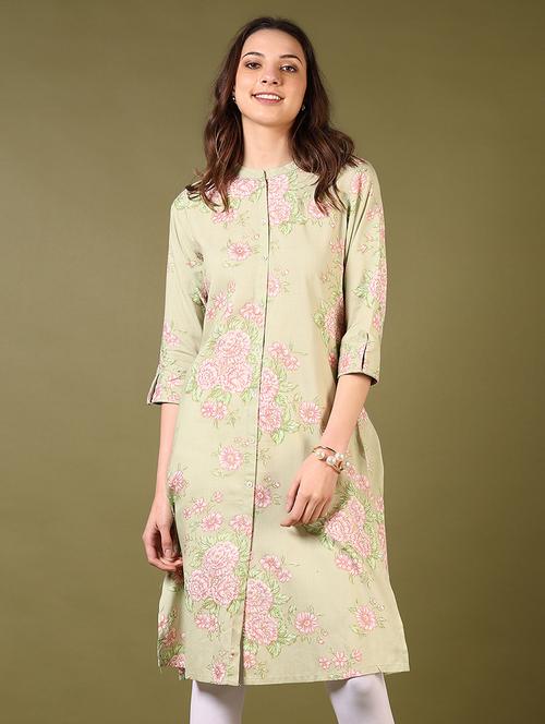 women mandarin neck floral printed a-line kurta - 21700286 - Standard Image - 0