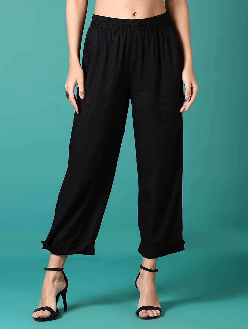 women black solid straight palazzo - 21700305 -  Zoom Image - 0