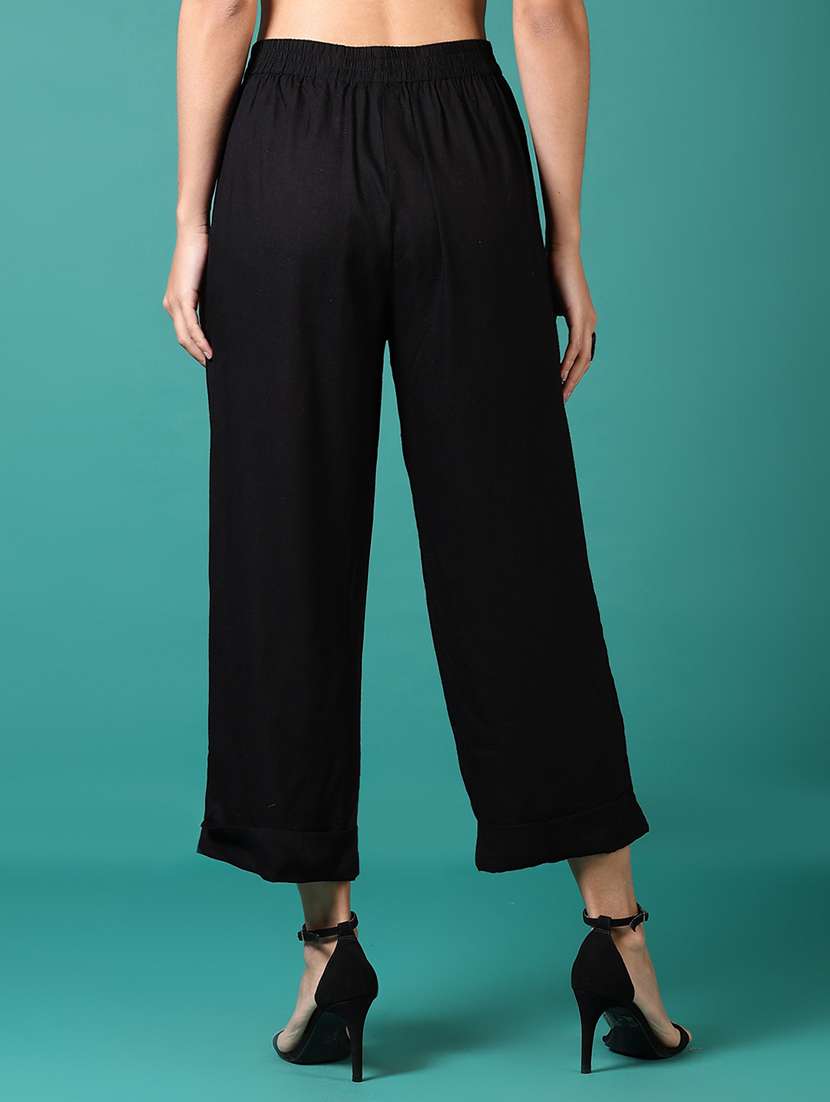 women black solid straight palazzo - 21700305 - Standard Image - 3