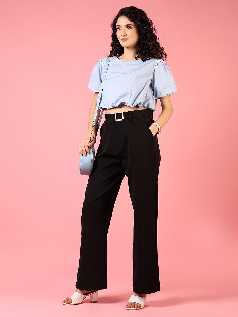 women light blue solid puff sleeve crop top - 21700356 - Standard Image - 3