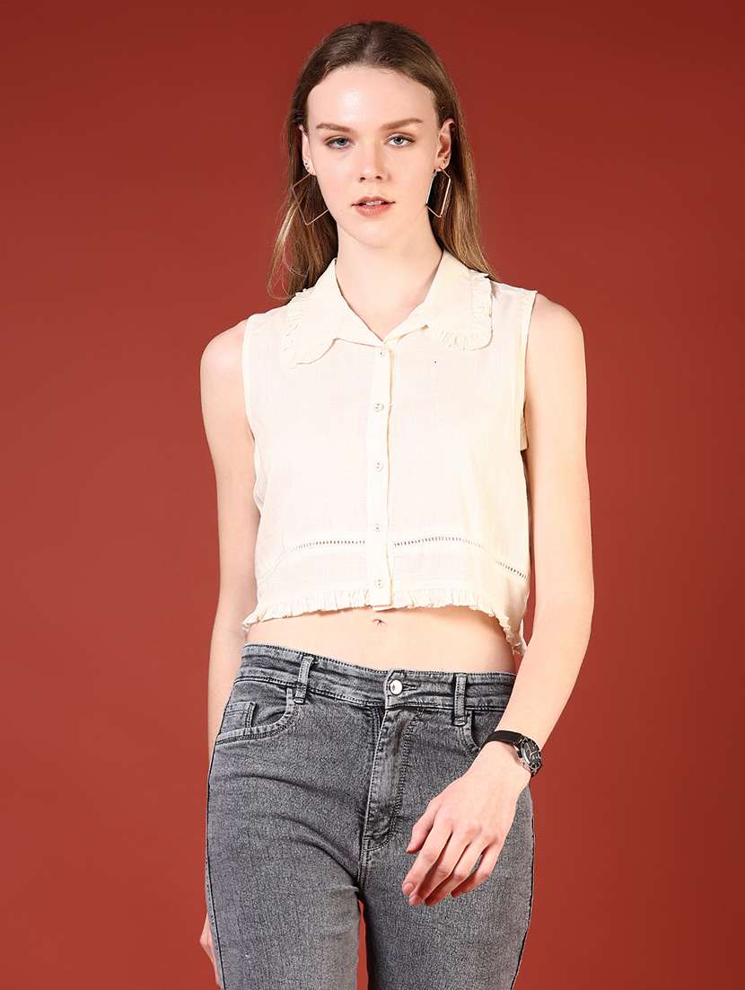 women off white solid sleeveless crop top