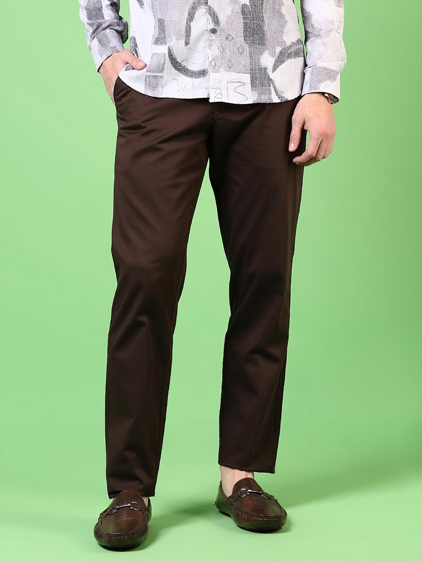 men brown solid high rise chinos casual trouser - 21700388 -  Zoom Image - 0