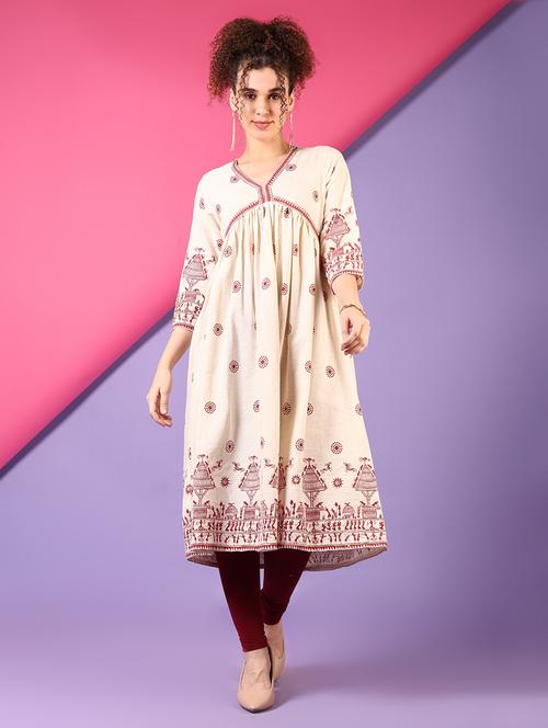 women off white three quarter sleeve a-line kurta - 21700777 - Standard Image - 0