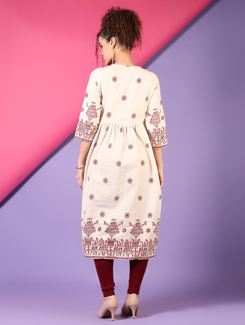 women off white three quarter sleeve a-line kurta - 21700777 - Standard Image - 3