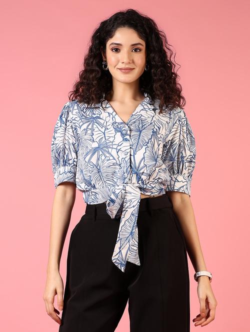 women blue puff sleeve printed crop top - 21700786 -  Standard Image - 0