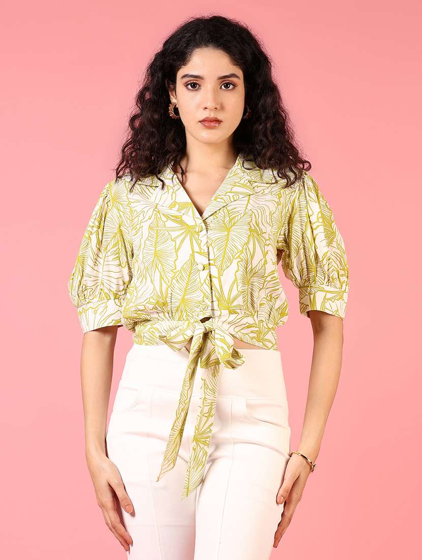 women green puff sleeve printed crop top