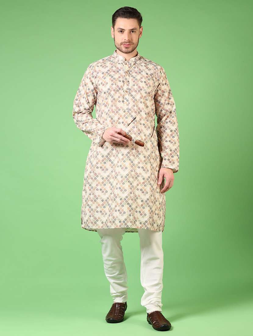 men printed mandarin neck kurta churidar ethnic wear set - 21700998 - Zoom Image - 0