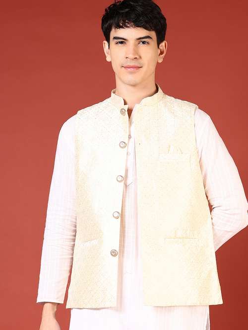men self design sleeveless regular fit nehru jacket - 21701014 - Standard Image - 0