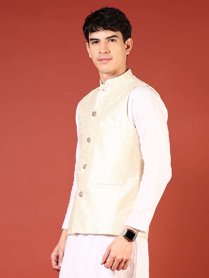 men self design sleeveless regular fit nehru jacket - 21701014 - Standard Image - 3