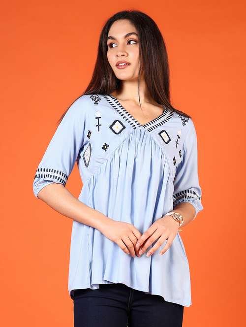 women v-neck embroidered a-line top