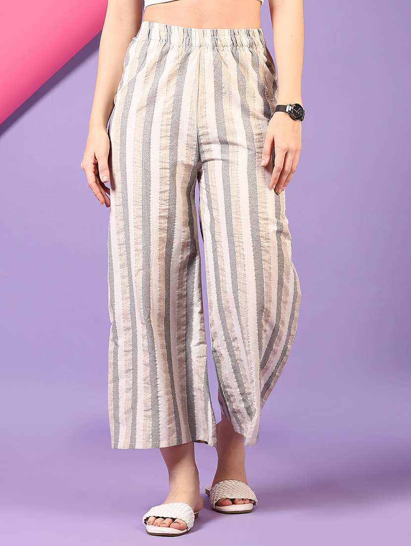 women off white striped mid rise straight palazzo