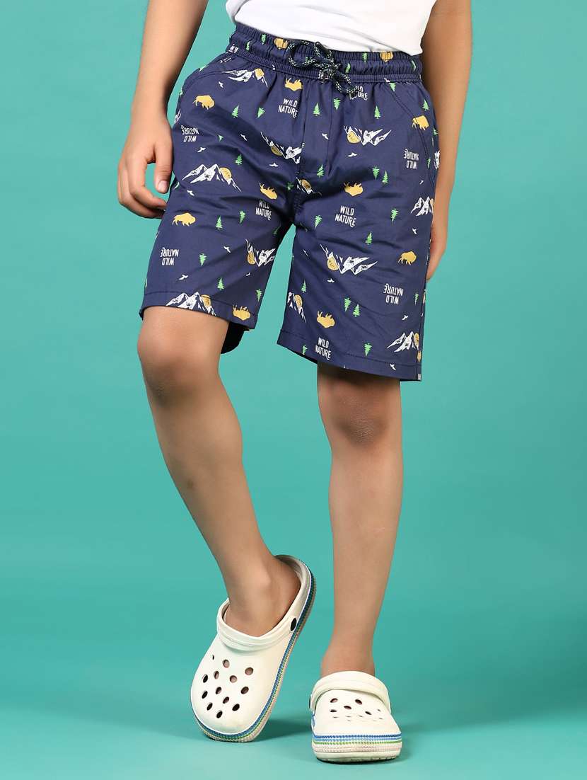 boys navy blue printed mid rise shorts