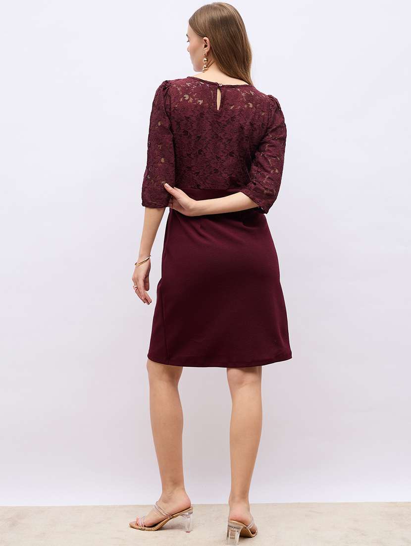 women maroon lace detailed a-line party wear dress - 21703982 -  Standard Image - 3