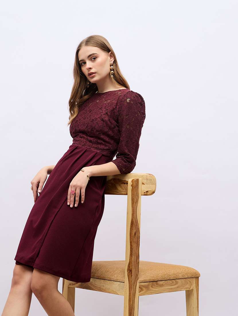 women maroon lace detailed a-line party wear dress - 21703982 -  Standard Image - 5