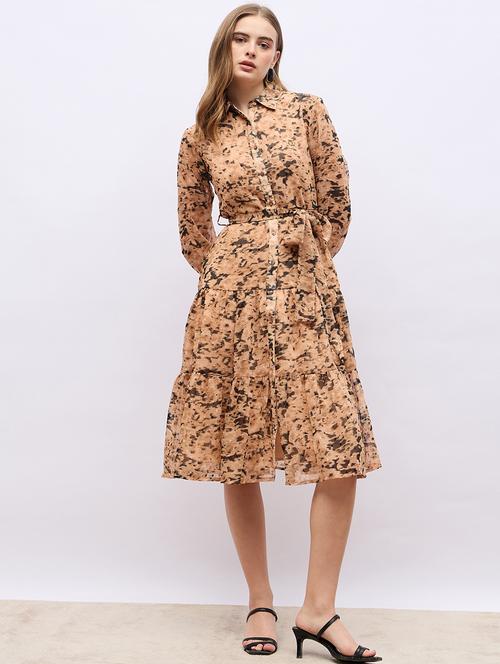 women beige abstract printed long sleeve tiered dress - 21703983 -  Standard Image - 0