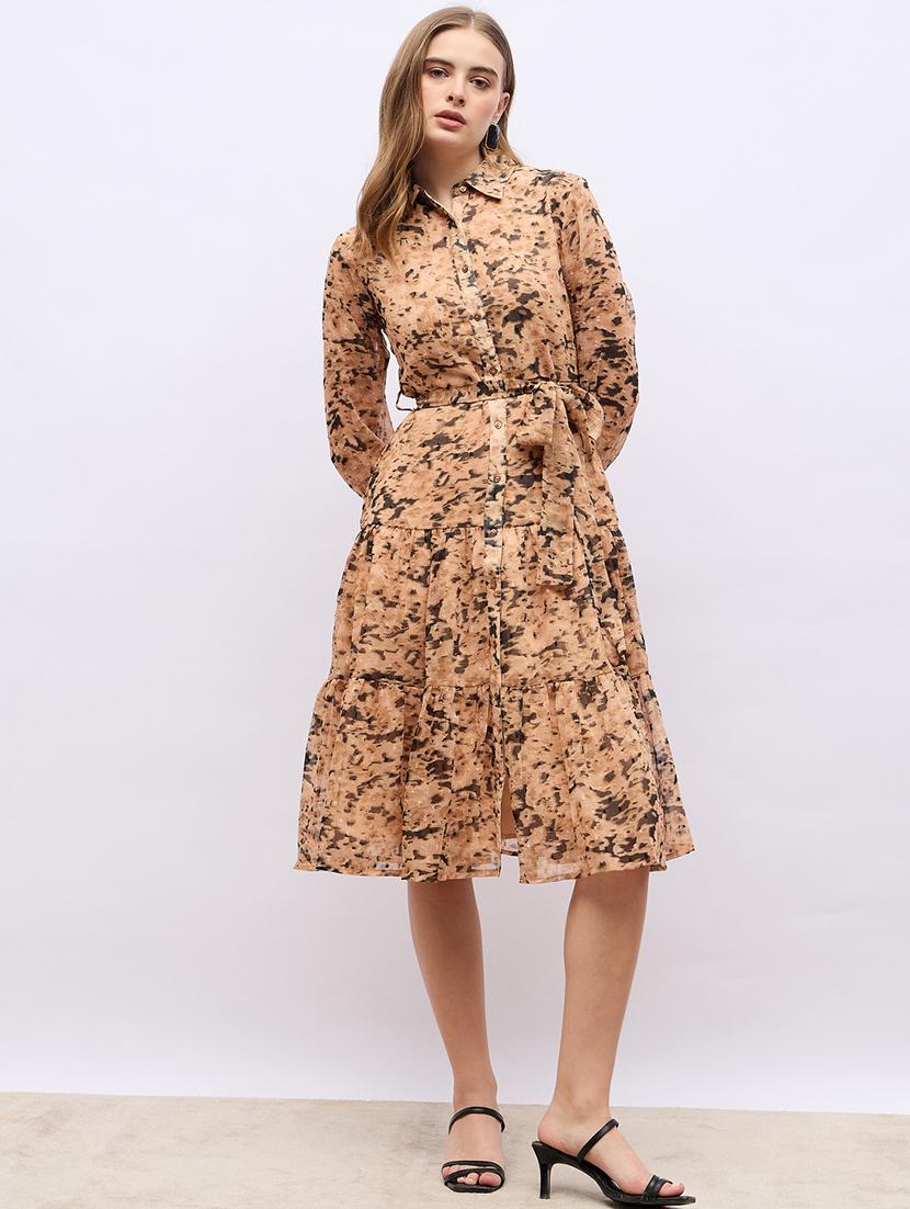 women beige abstract printed long sleeve tiered dress - 21703983 -  Zoom Image - 0