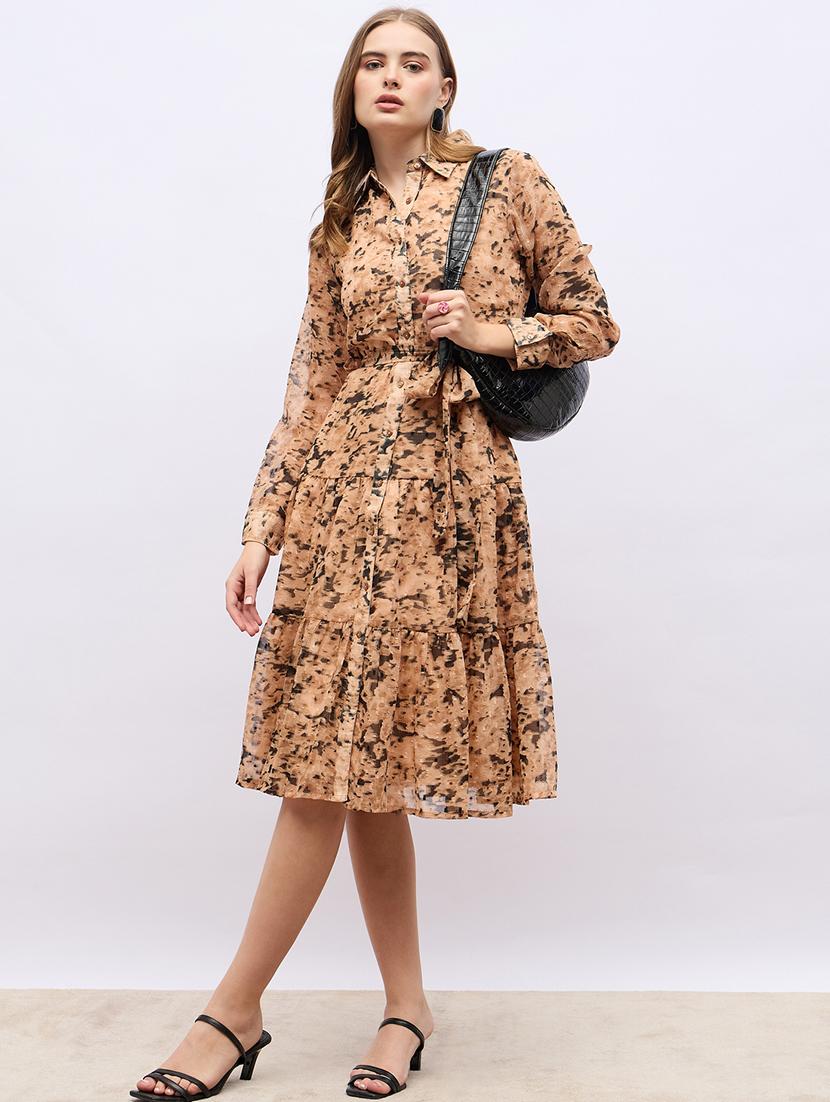 women beige abstract printed long sleeve tiered dress - 21703983 - Standard Image - 3