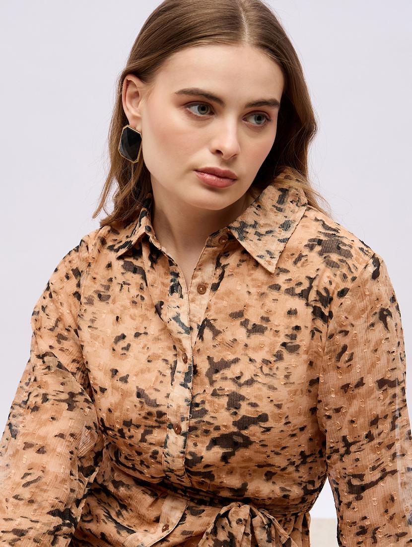 women beige abstract printed long sleeve tiered dress - 21703983 - Standard Image - 5
