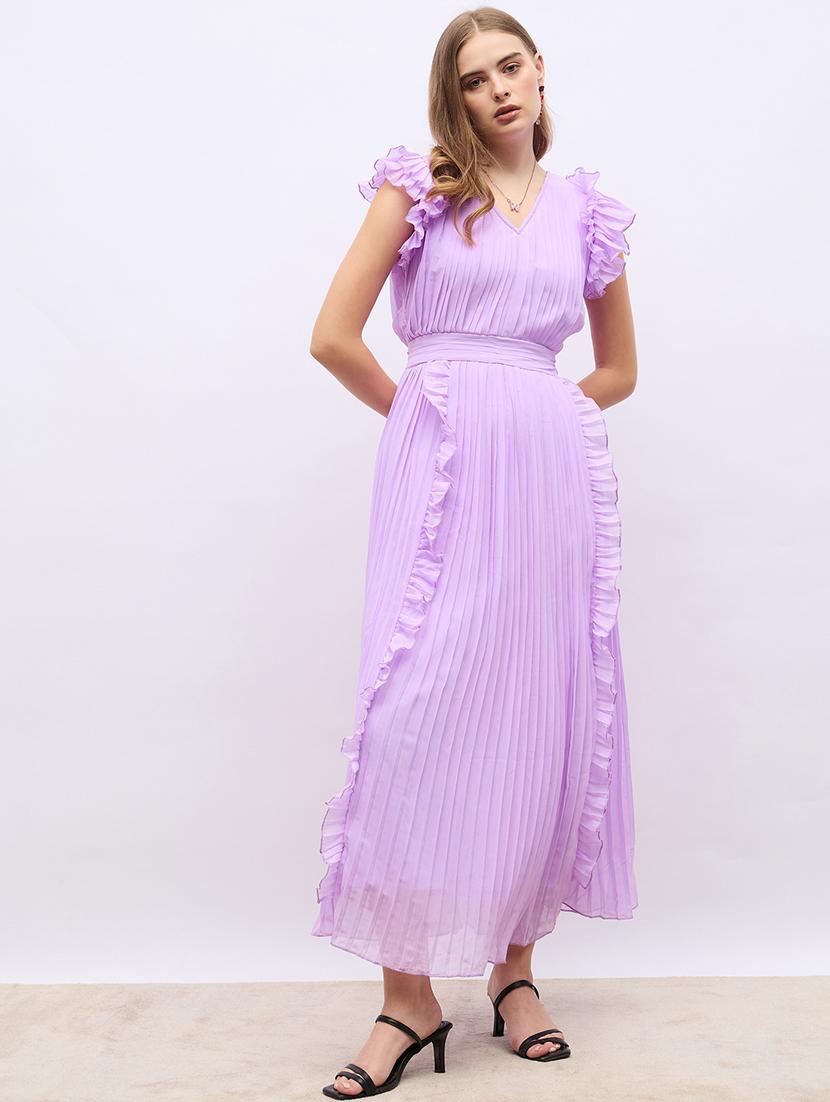 women lavender solid v neck a-line dress - 21703987 -  Zoom Image - 0
