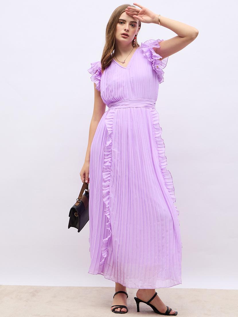 women lavender solid v neck a-line dress - 21703987 - Standard Image - 3