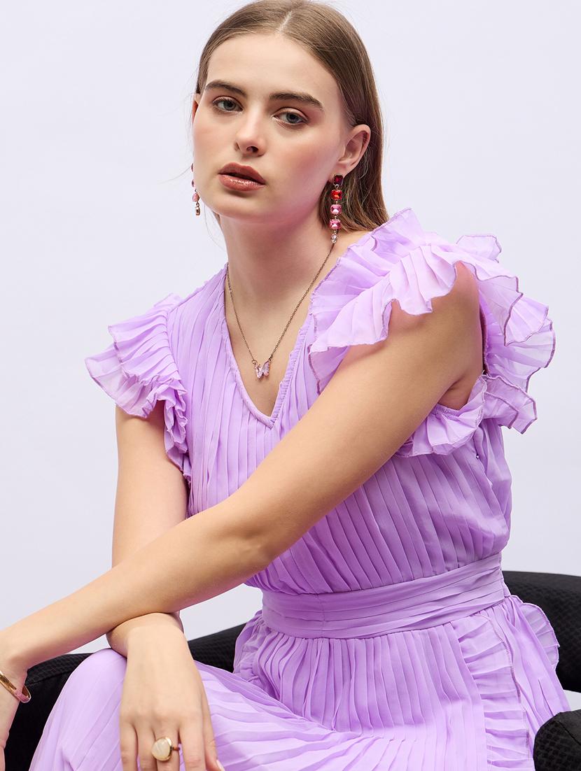 women lavender solid v neck a-line dress - 21703987 - Standard Image - 5