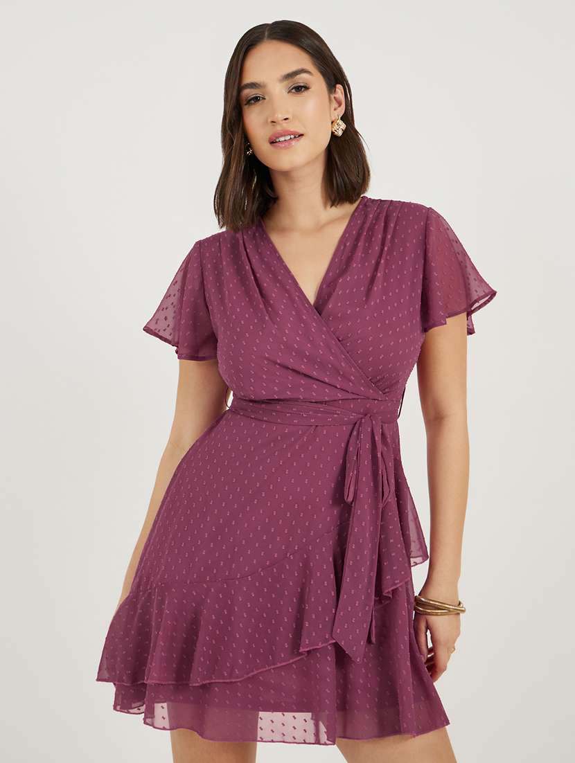 women self design overlap neck wrap dress - 21703997 -  Standard Image - 3