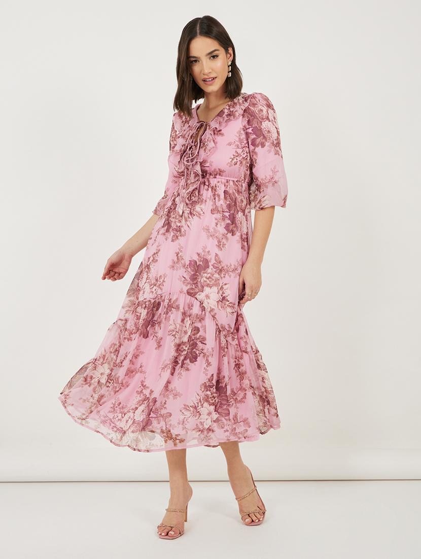 women floral printed tie-up neck tiered dress - 21703999 -  Zoom Image - 0