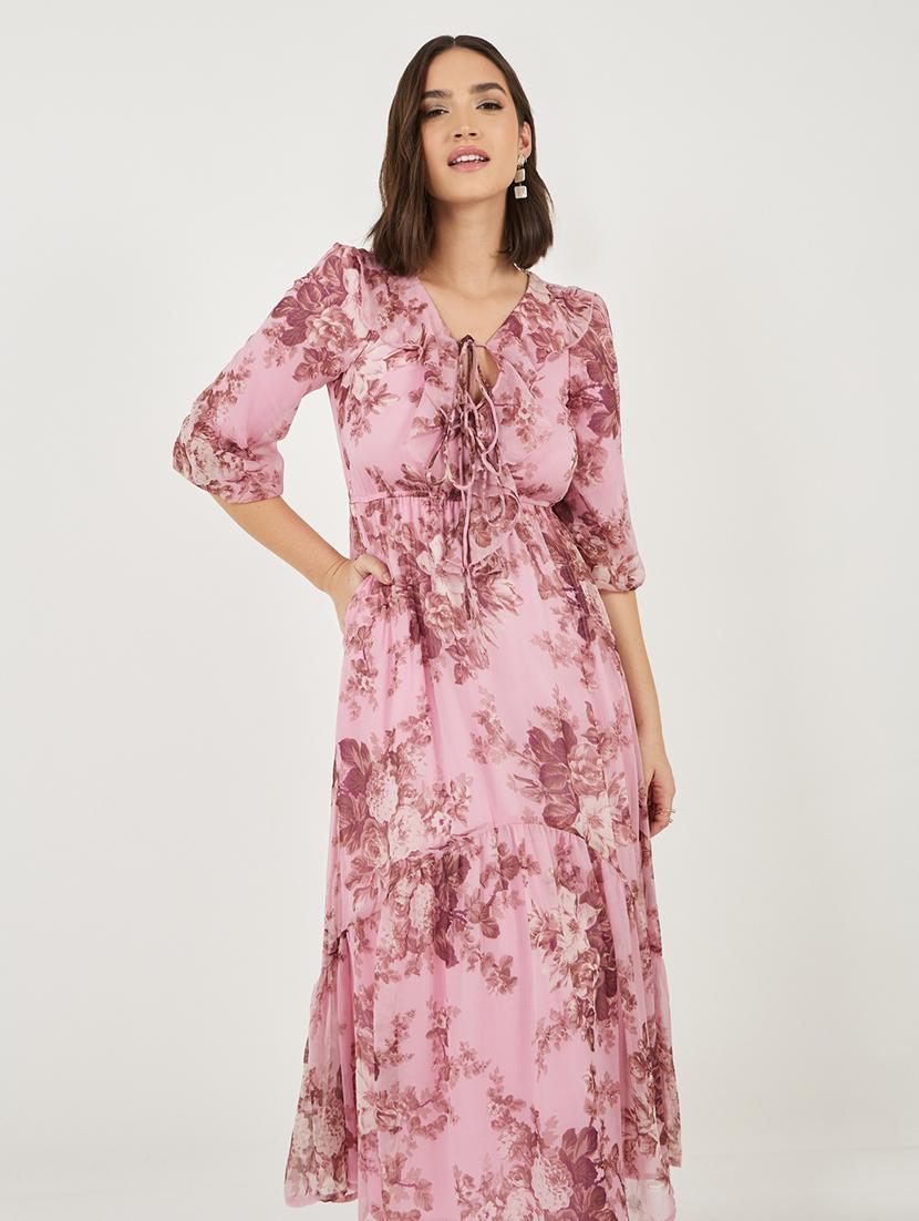 women floral printed tie-up neck tiered dress - 21703999 - Standard Image - 3