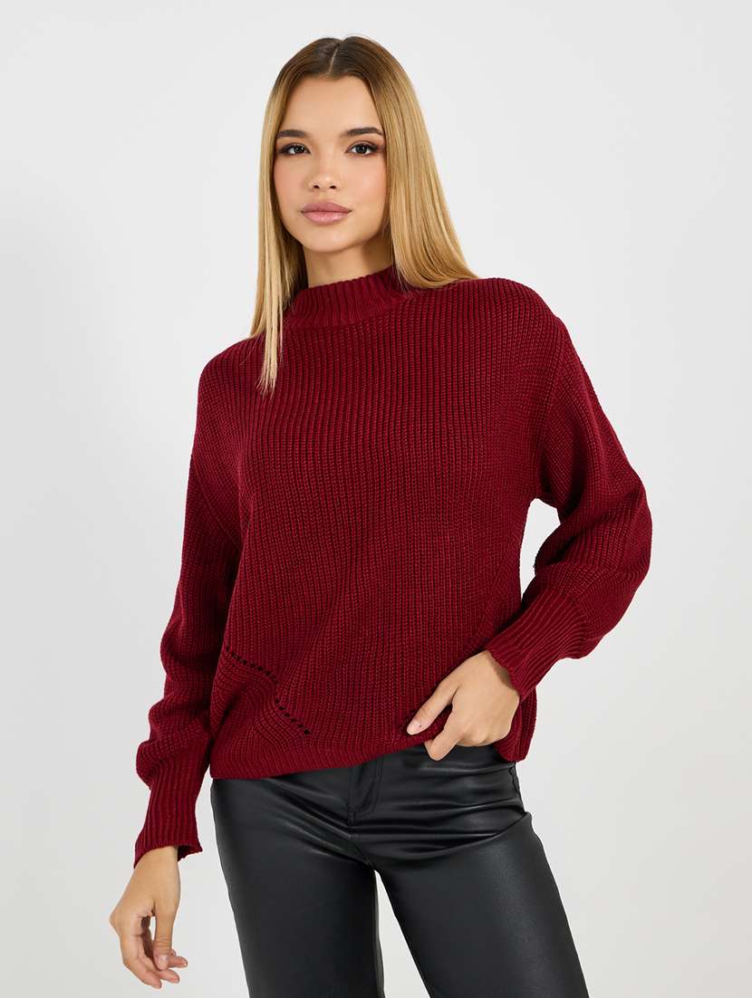 women maroon self design long sleeve pullover - 21704006 -  Zoom Image - 0