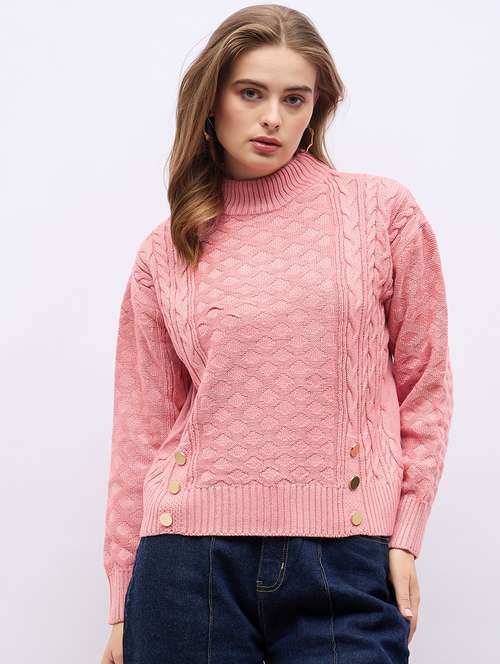 women pink self design long sleeve pullover - 21704008 -  Standard Image - 0