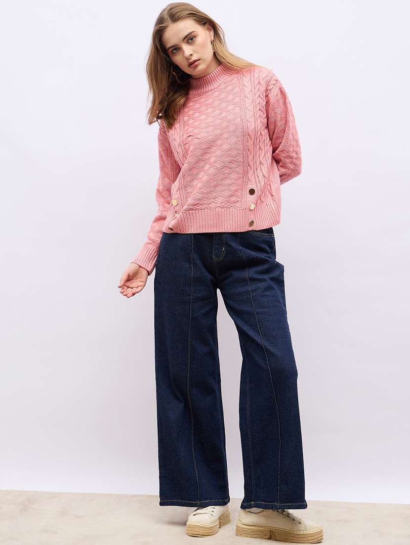 women pink self design long sleeve pullover - 21704008 -  Standard Image - 3